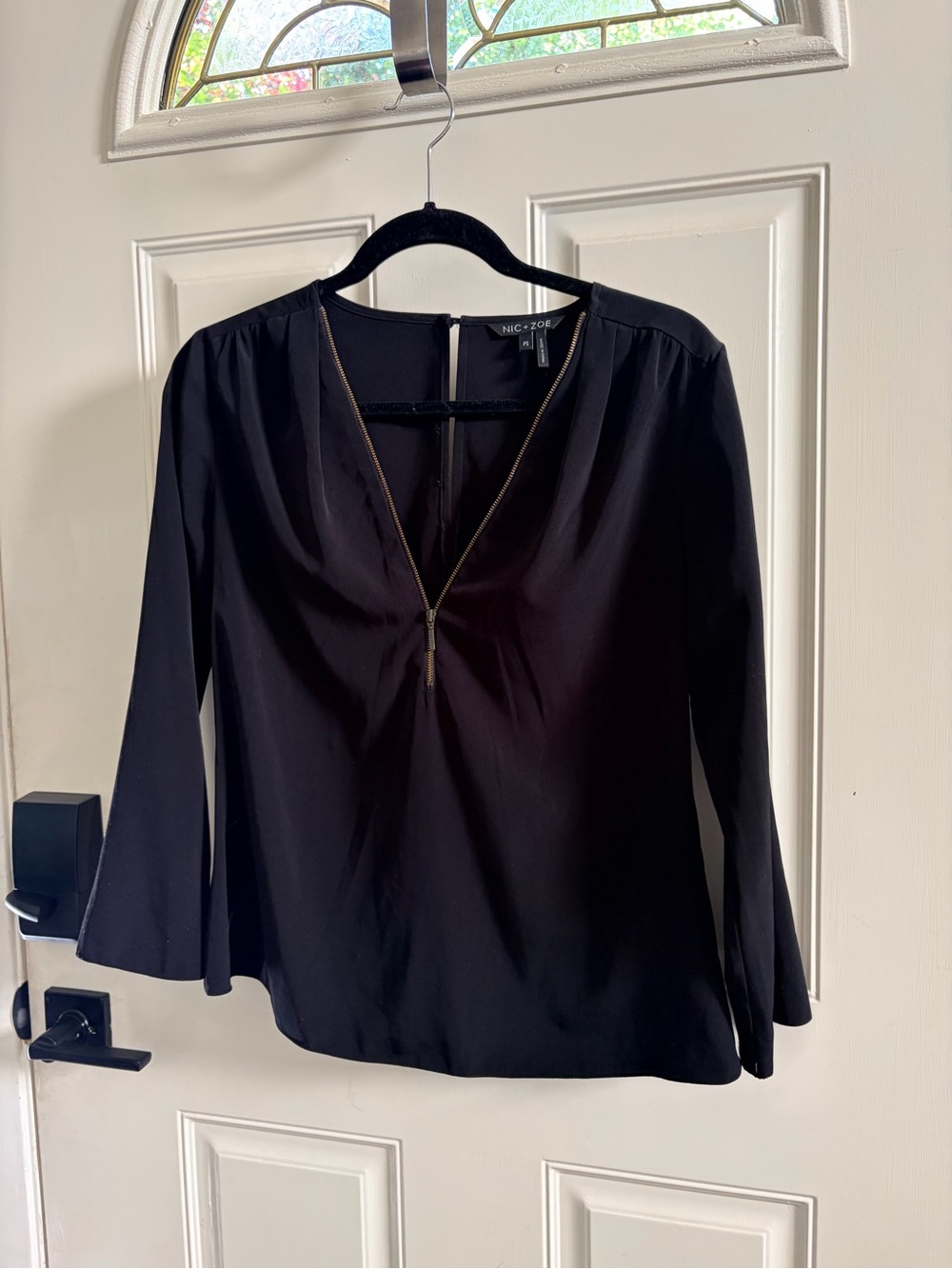 NIC+ZOE Black V-Neck Blouse with Gold Zip Detail